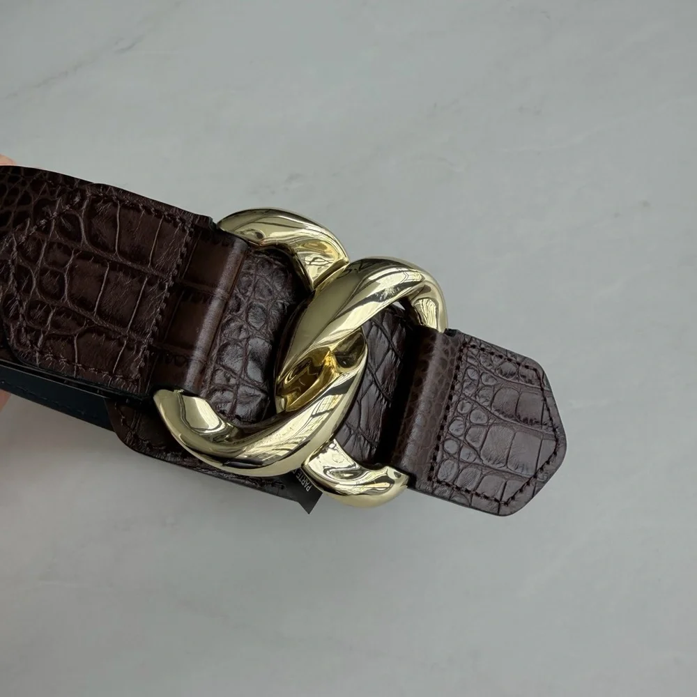 Zara Leather Brown Croc-Embossed Belt with Gold Buckle